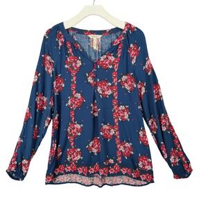 Matilda Jane Floral Cottage Blue Long Sleeve Button Neck Tunic Top Womens Medium